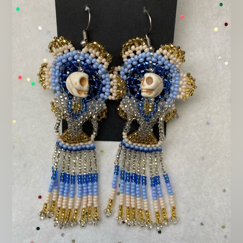 Beaded Skull Earrings with Gold and Blue Accents - Picture 2 of 5